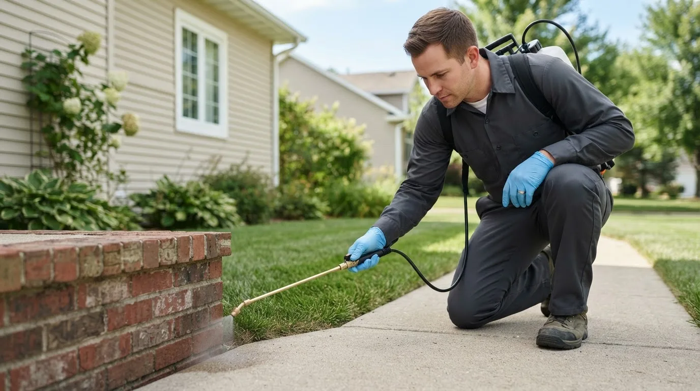 Pest control technician treating a home near Tecumseh, KS