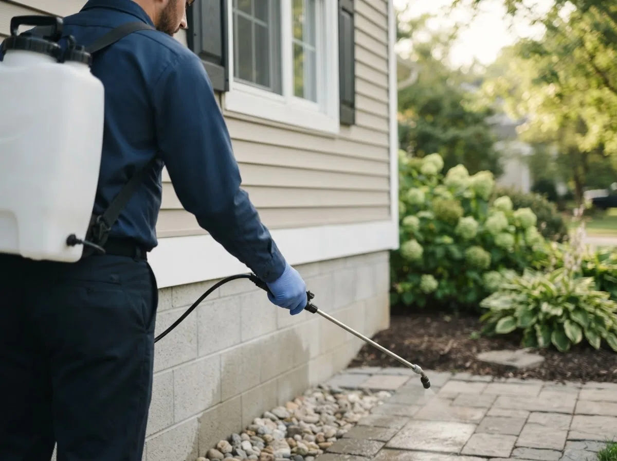 Pest control technician inspecting a home in Tecumseh, KS